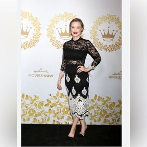 Alexis Helina black white mock neck lace elegant midi dress S